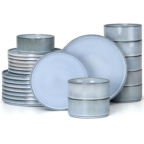 Image of E-far 24-Piece Stoneware Dinnerware Sets, Plates and Bowls Sets for 8, Kitchen Modern Dinning Porcelain Dishes Set, Chip & Scratch Resistant, Dishwasher & Microwave Safe, Dusty Blue
