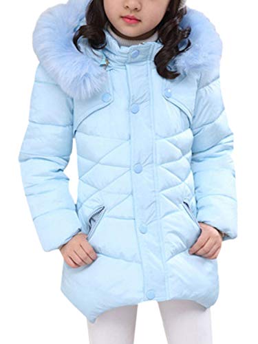 FARVALUE Girls' Winter Coats Fur Hooded Warm Puffer Jacket Coat for Girls Blue 9-10Y