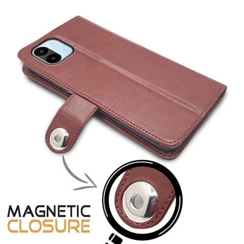 Image of Pikkme Redmi A1 | Redmi A2 Flip Cover Leather Finish | Inside TPU with Card Pockets | Wallet Stand and Shock Proof | Complete Protection Button Flip Case (Brown)