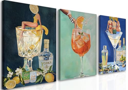 Vintage Cocktail Canvas Wall Art Set of 3, Retro Dirty