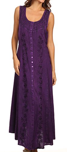 Image of Sakkas Maya Floral Embroidered Sleeveless Button Up Rayon Dress