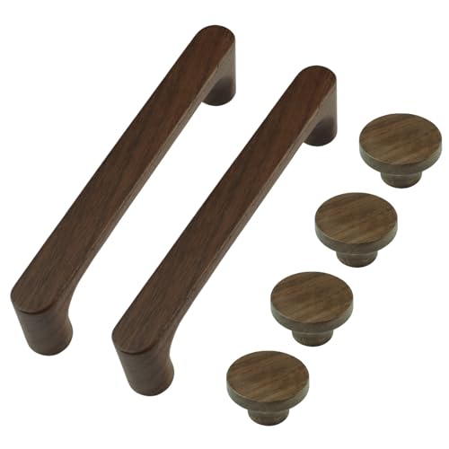 MOROBOR ウォールナット材 キャビネットハンドルセット 木製 128mm 穴径 キャビネット金具 取っ手 2個 シングルホール 丸型ノブ 4個 ネット 引き出し 食器棚 ワードローブ用 ネジ付き
