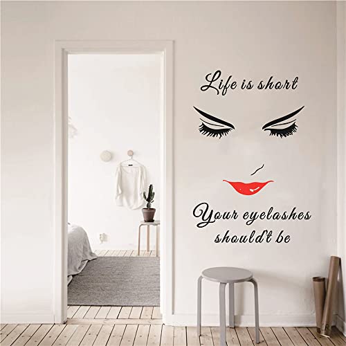 Uilmniy Beauty Salon Eyelash Red Lips Wall Decal Vinyl Art Inspiration Quote Life Is Short Your Eyelashes Should't Be Wall Decoration Sticker Make Up Studio Home Living Room Bedroom Wall Mural Wallpapr Afn33 #TOP2