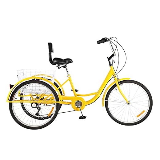 Kays 61 cm trehjuling för vuxna med shoppingkorg, komfortcyklar 7-växlad trehjuling för vuxna cykelpedal utomhussport för äldre (färg: gul)