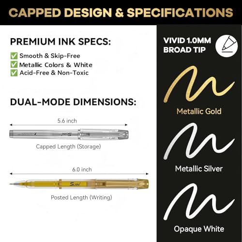 SUIN Gold-Silber-Metallic-Textmarker-Stifte – 3 Packungen mit matter Pigmenttinte mit 1,0 mm feiner Spitze zum Zeichnen, Skizzieren, Codedruck und Schreiben