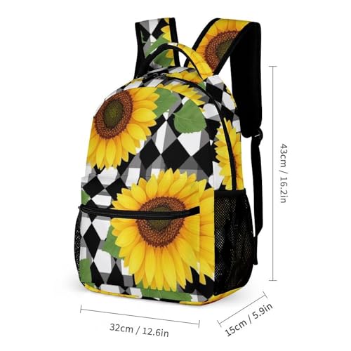 Backpack Bookbag Set Backpack with Lunch Box and Makeup Bag Travel Bookbag Daypack Set (Black And White Checkered Sunflower)2