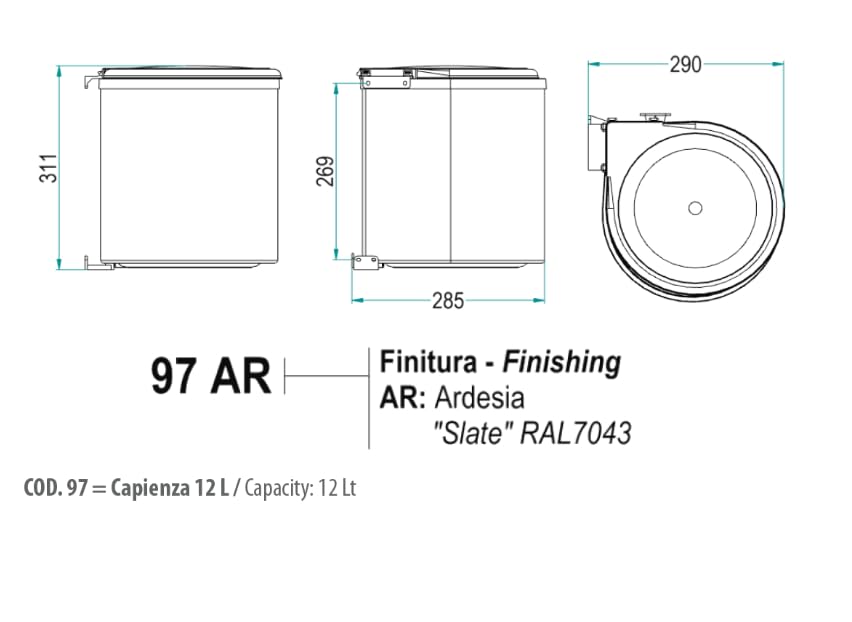 Pattumiera Rotonda da Anta 97/AR – 1 Secchio da 12 Litri | Montaggio Interno, Grigio, Plastica Resistente