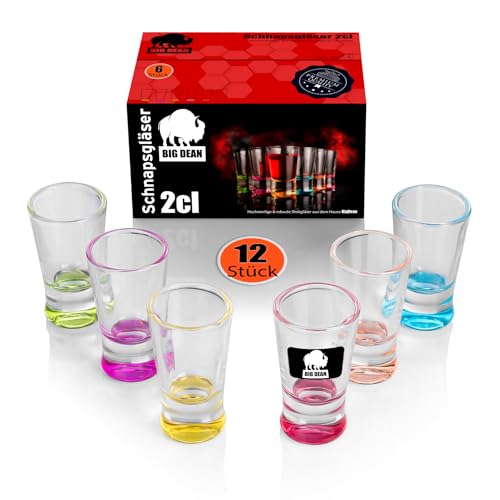 BigDean 12 Stück farbige Schnapsgläser 2cl in Geschenkbox – robuste Shotgläser spülmaschinenfest - in Gastro Qualität