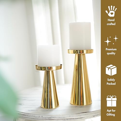 Image of Behoma Handcrafted Gold Metal Pillar Candle Holders Pack of 5 Sets | Decorative Candle Stand Set for Modern Centerpiece for Home Decor, Dining Table, Wedding, Diwali, Christmas & Housewarming Gifts