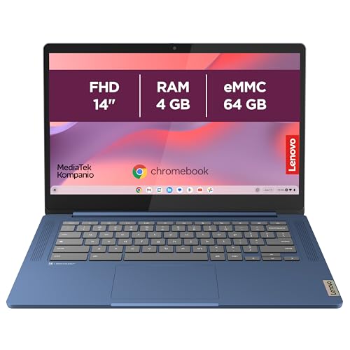 Lenovo IdeaPad Slim 3 Chrome 14M868 - Ordinateur Portable 14'' FHD (MediaTek Kompanio 520, RAM 4Go, SSD 64Go, Arm Mali-G52 2EE MC2 GPU, Chrome OS) Clavier AZERTY Français - Bleu