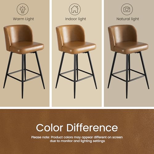 Image of Swivel Bar Stools Set of 6, 26 inch Counter Height Bar Stools with High Back and Metal Legs, Faux Leather Bar Chairs, Modern Barstools for Kitchen Island, Caramel