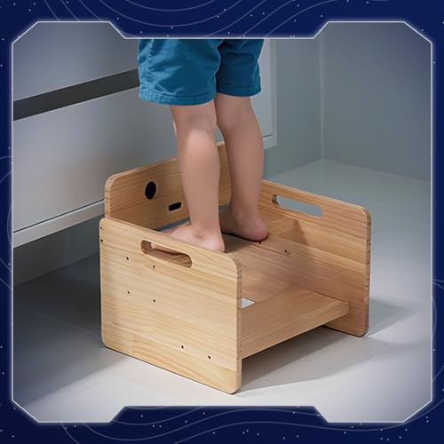 COSYLAND Robot Shaped Kids Step Stool with Handle - Height Adjustable 2 Step Stool for Toddlers - Stable Wooden Nursery Step Stool for Toilet Potty Training