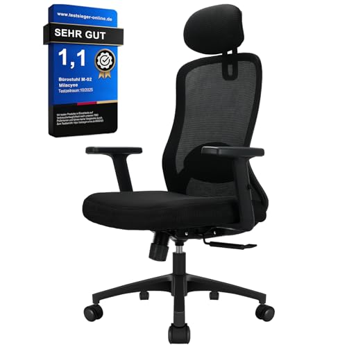 Milacyee Bürostuhl, Ergonomischer Bürostuhl mit Verstellbarer 4D Lendenwirbelstütze, Schreibtischstuhl mit Kopfstütze, Drehstuhl mit 90°-130° Liegefunktion (Abschließbar), Netzstuhl bis 150KG, Schwarz Milacyee Bürostuhl, Ergonomischer Bürostuhl mit Verstellbarer 4D Lendenwirbelstütze, Schreibtischstuhl mit Kopfstütze, Drehstuhl mit 90°-130° Liegefunktion (Abschließbar), Netzstuhl bis 150KG, Schwarz