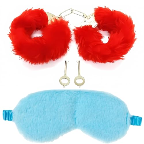 Image of Handcuff Hathkadi Toy with 2 Keys & Eye Mask - Red & Sky Blue