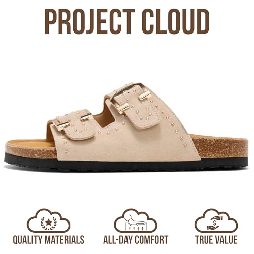 Image of Project Cloud 100% Genuine Leather Flat Sandals For Women 2026 Cork Footbed Womens Sandals with Memory Foam and arch support Vacation Essentials Slides for Women Footwear (Venita)