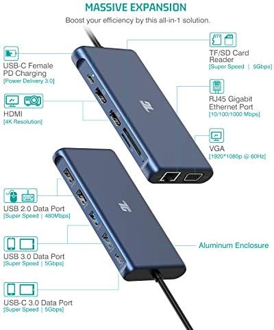 USB C Hub, Tiergrade USB-C Docking Station, 12 in 1 Triple Display Laptop USB C Dock for MacBook and Windows with 2HDMI VGA 100W PD3.0 RJ45 Ethernet 4USB Ports TF/SD Card Reader