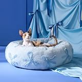 【OEKO-TEX認証クラス2取得】Lesure ペットベッド 猫用 犬用 円形 ふわふわ 洗える 滑り止め カバー取り外し可 通年 室内用 50×50×15cm 青いリボン