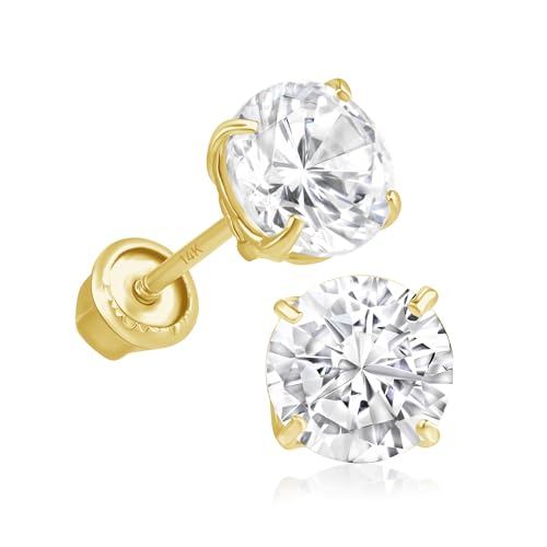 14k Gold Cubic Zirconia Stud Earrings for Women & Men (2mm-6mm Diameter) - CZ Simulated Diamond, Real Solid 14K Gold, Secure Screw Back
