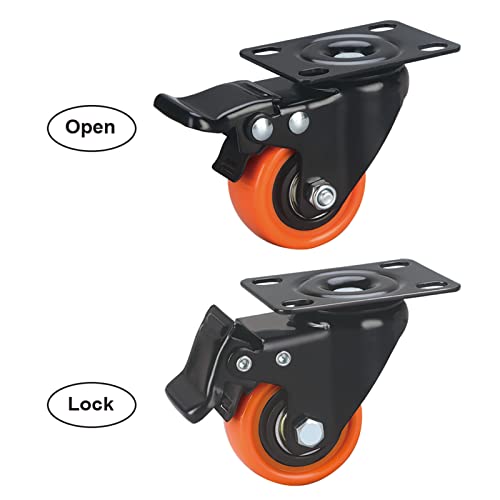 Image of 2 inch Caster Wheels Set of 32, Heavy Duty Casters with Brake, No Noise Locking Casters with Orange Polyurethane (PU) Wheels, Swivel Plate Castors Pack of 32