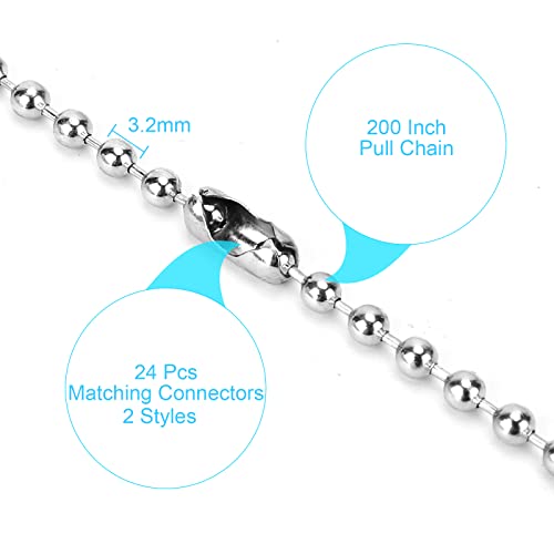 200 Inch Ceiling Fan Pull Chain, (Upgrade Rust Proof) 3.2Mm Beaded Pull Chains Extension, Light Chain Pulls Extenders Great Pulling Force Stainless Steel With 24 Matching Connectors 2 Styles, By Psiso #TOP3