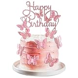 Wootkey 3D Butterfly Cake Decorations Pink Glitter Butterfly Cake Toppers Double Layers Cupcake Picks for Wedding Anniversary Baby Shower Birthday Party Cake Toppers Supplies, 13 Pcs