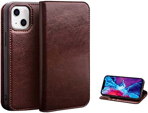 Étui portefeuille iPhone 14 cuir marron rabat antichoc avec porte-carte
