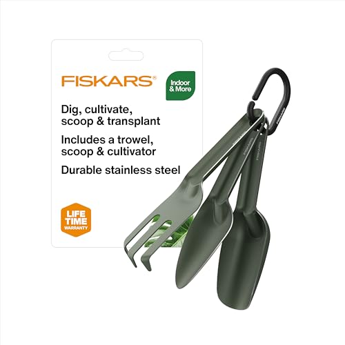 Fiskars 3-Piece Cultivating Tool Set, Nesting Trowel, Soil Scoop & Cultivator for Indoor Gardening, Stainless Steel with Powder Coat Finish, Space Saving Design for Repotting Houseplants, Black