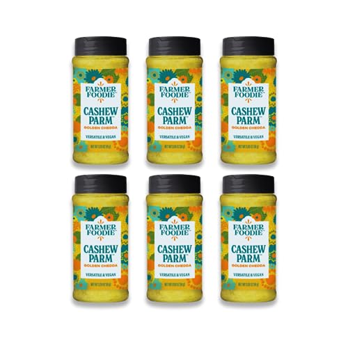 Farmer Foodie | Golden Chedda | Vegan Dairy-Free Cashew Parmesan Cheese Alternative | Grated | Gluten-Free | Six-Pack | 6 x 3.2 oz Jar with Pour & Sprinkle Cap | 1.2 lbs Total