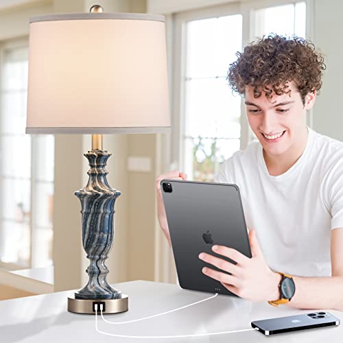 Kivditzo Blue Marble Finish Touch Control Bedside Table Lamp Set Of 2 Round Linen Shade 5V/2A Usb Charging Ports Lamp For Living Room Reading Room Bedroom Home Office #TOP3