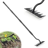 Manual Weeder Tool,6 Tines Garden Weeding Rake with Sharp Blade,55 Inch Long Handle,Heavy Duty Stand Weeding Tool for Weeding Loosening Soil Gathering Leaf Leveling Thatch Rake