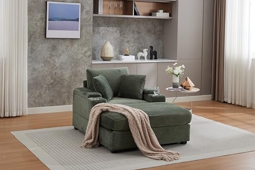 Image of 50 inch Corduroy Upholstered Chaise Lounge Chair Indoor, Modern Lazy Sofa with Storage Armrest, Sleeper Couch with Cup Holders for Living Room, Dark Green