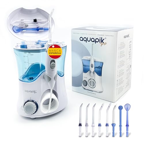 Aquapik® PRO Irrigador Dental Profesional | Elimina la Placa + Recomendado por dentistas + Cuida tus Implantes y Ortodoncia | Irrigador Bucal con 8 Boquillas + 10 Niveles de Presión + Capacidad 600 ml