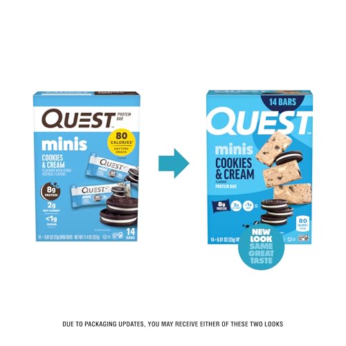 Image of Quest Nutrition Mini Cookies & Cream Protein Bars, 8g Protein, 1g Sugar, 2g Net Carbs, Gluten Free, 14 Count (Pack of 8)
