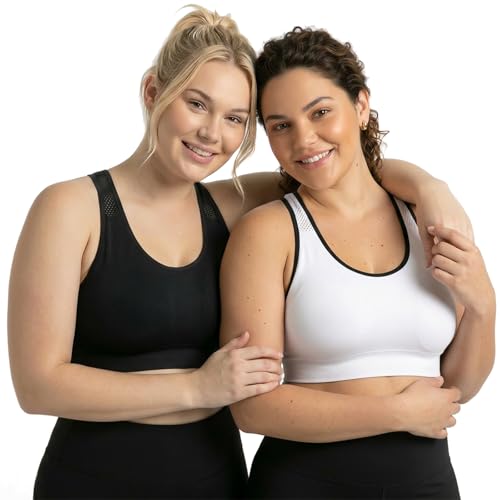 Image of Under Control Plus Size Sport Bras for Women Large Bust Seamless Racerback Padded Yoga Workout Bras Black White Pack 1X-2X-3X