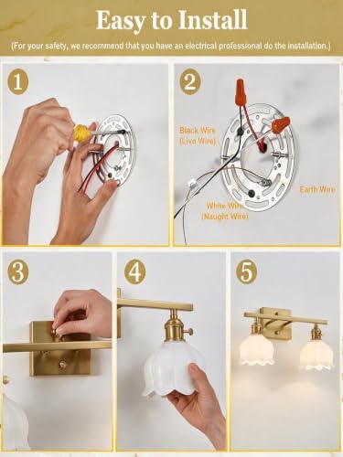 Image of 3-Light Vintage Bathroom Vanity Light, 19.4 inch Brass Hardwired Wall Sconce with Amber Tulip Glass Shades, Brushed Gold Vanity Light for Mirror, Restroom, Bedroom (White, 2-Light)