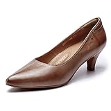 Mona flying Women's Leather Pump Med Heel Pointed Toe Office Dress Shoes for Ladies Chocolate