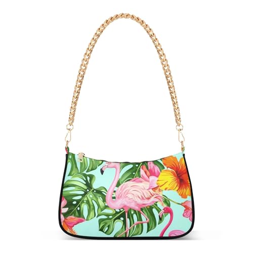 Zipper Small Hobo Purse Tropical Pink Flamingos Designer Handbags Women Print Shoulder Purses with Chain Strap