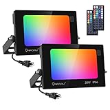 Onforu 2 Pack RGB LED Flood Light Outdoor 160W Equivalent, DIY Color Changing Stage Lights with Remote, IP66 Uplights Indoor, Landscape Floor Spotlights, Outdoor Uplighting for Party Wall Wash, Timing