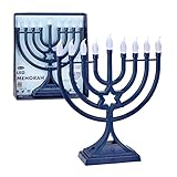 LED Electric Blue Hanukkah Menorah with Special Effects - Battery/USB Powered, Star of David, 4 Lighting/Blinking Modes, Large LED Bulbs, Chanukah Traditional Electric Menorahs - Navy Blue