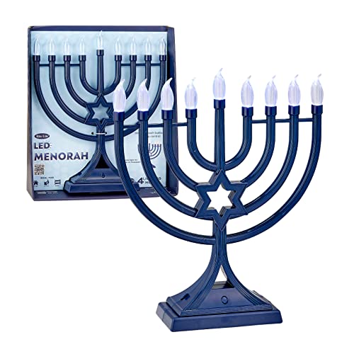 LED Electric Blue Hanukkah Menorah with Special Effects - Battery/USB Powered Star of David 4 Lighting/Blinking Modes Large LED Bulbs Chanukah Traditional Electric Menorahs - Navy Blue