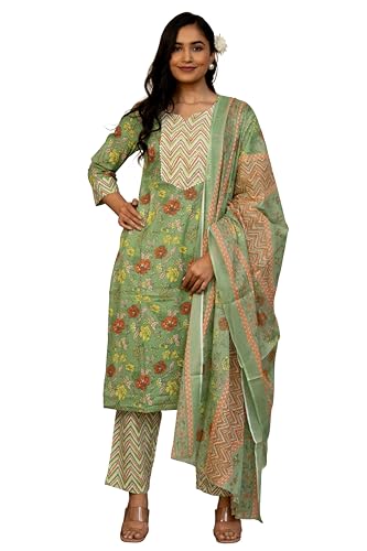 Image of MIRCHI FASHION Women's Straight Fit Pure Cotton Floral Printed Kurta Set with Dupatta and Pant