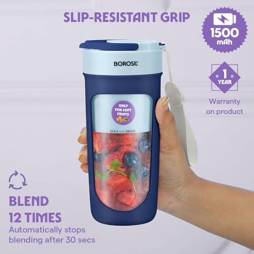 Image of Borosil NutriSip Blue Portable Blender | 40W Low-Noise DC Motor | 340ml Unbreakable PC Jar | USB Rechargeable | Turbo 6 Blade Action | Smoothies, Shakes, Soft Fruit, Protein Mix | 1 Year Warranty