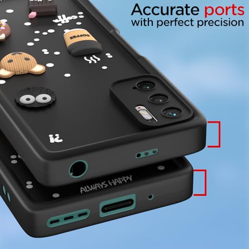 Image of Outlouders Back Cover for Redmi Note 10T 5G / Poco M3 Pro 5G | 3D Cartoon Bear Cute Fun Silicone Full Body Protection Bumper Case (Black)