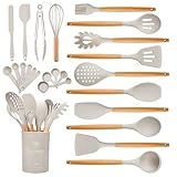 Hvygss Kitchen Utensils Set with Wooden Handle, 26 Pieces Heat Resistance Silicone Cooking Utensils Set with Holder, Food Grade Non-Stick Silicone Spatula, Kitchen Set for Cooking (Khaki)