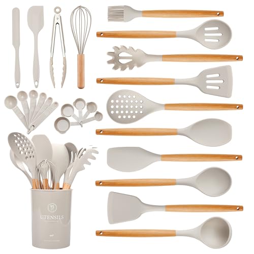 Hvygss Kitchen Utensils Set with Wooden Handle, 26 Pieces Heat Resistance Silicone Cooking Utensils Set with Holder, Food Grade Non-Stick Silicone Spatula, Kitchen Set for Cooking (Khaki)