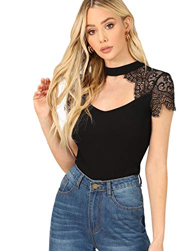 Romwe Women s Elegant Rib Knit Lace Short Sleeve Cut Out Choker Neck Slim Fit Tee Tops Blouse Black X-Small