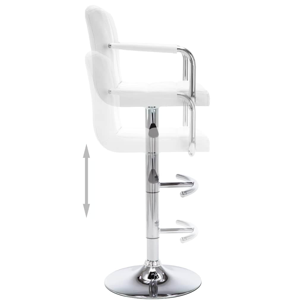 Taburete de bar de piel sintética blanca con respaldo y reposabrazos, altura regulable, giratorio, con reposapiés, estructura de acero resistente, diseño moderno para cocina, comedor, mostrador