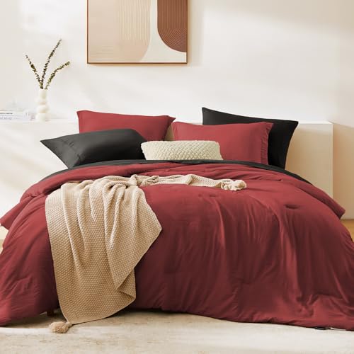 Image of Full Size Comforter Sets-7 Pieces Ultra Soft Bed in a Bag Full Bedding Sets | Prewashed All Season Comforter with Sheets, Pillow Shams & Pillowcases, Bright Red