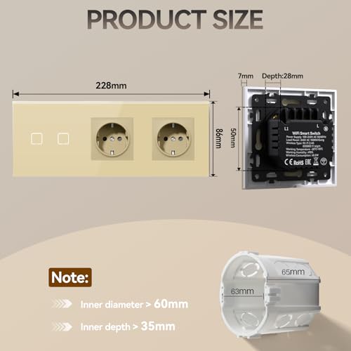 BSEED Smart Touch Lichtschalter,Glas Schalter Unterputz,Wandlichtschalter mit LED Hintergrundbeleuchtung,Neu E-Serie,16A 250V,2 Fach 1 Weg + 2 Steckdose,228mm Gold
