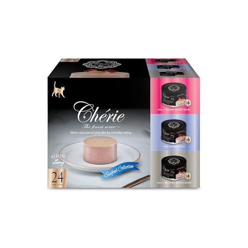 Image of CHERIE Healthy Living Wet Cat Food Seafood Variety, 24 Pack, 2.8 oz. Can | with Premium Tuna, Salmon, Mackerel - Silky Mousse Texture, Grain-Free, for All Life Stages - Kitten /Adult /Senior